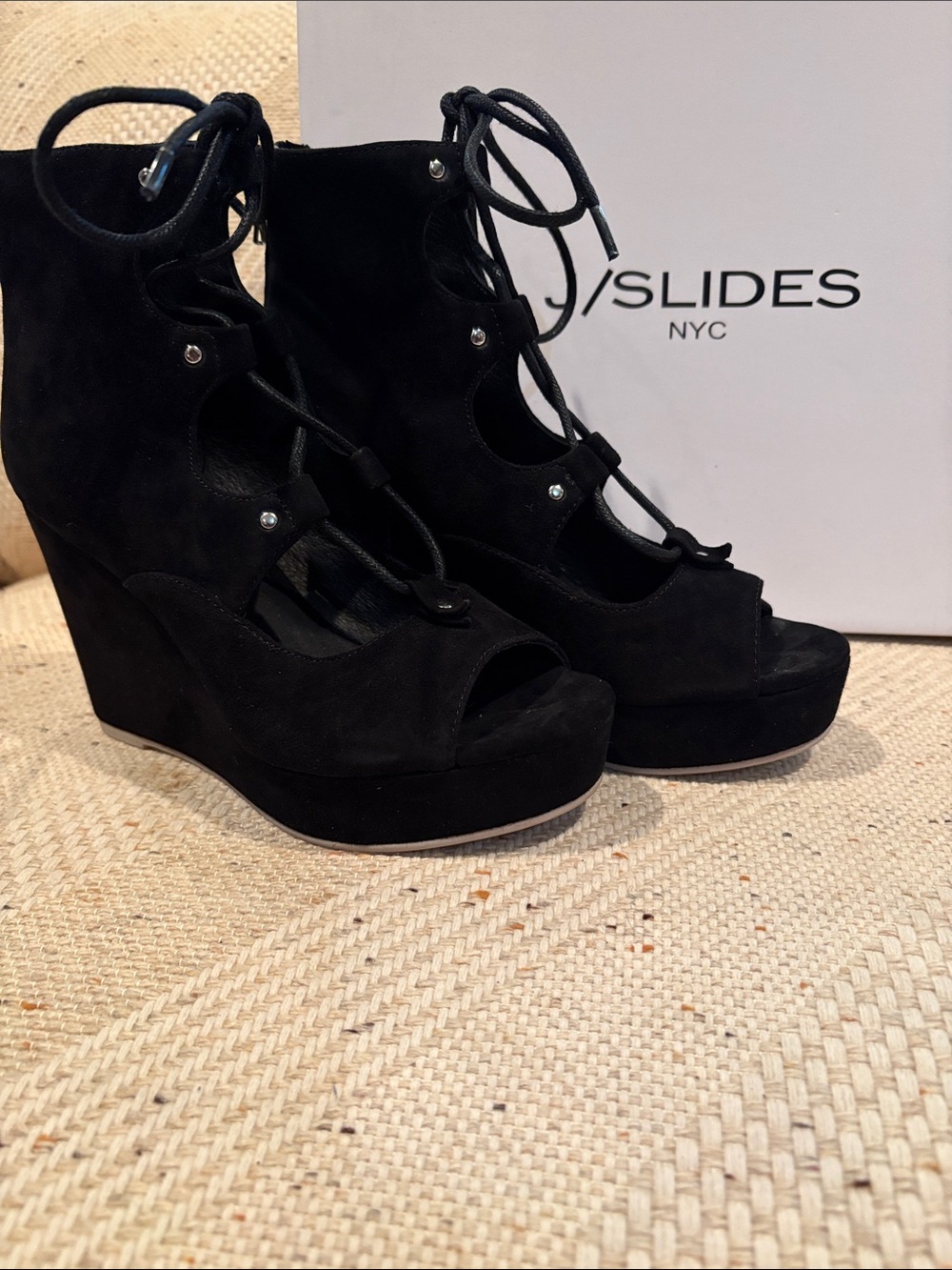 Women's Black Suede Lace-Up Wedge Sandals